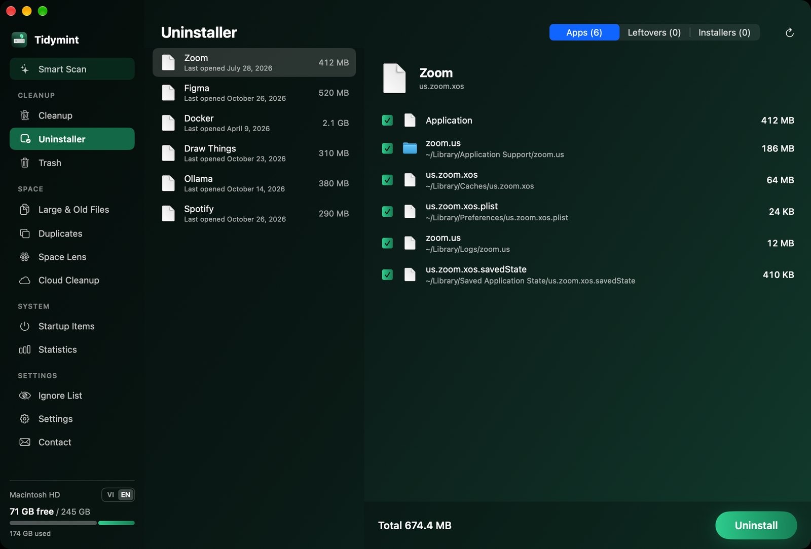 Uninstaller showing an app and its leftovers