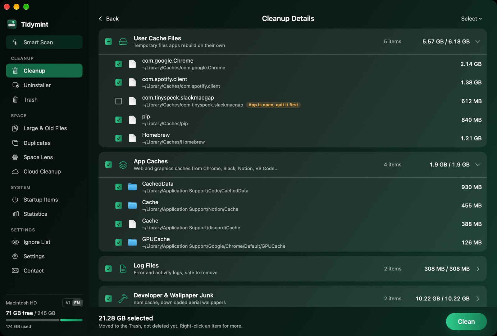 Cleanup details with checkboxes