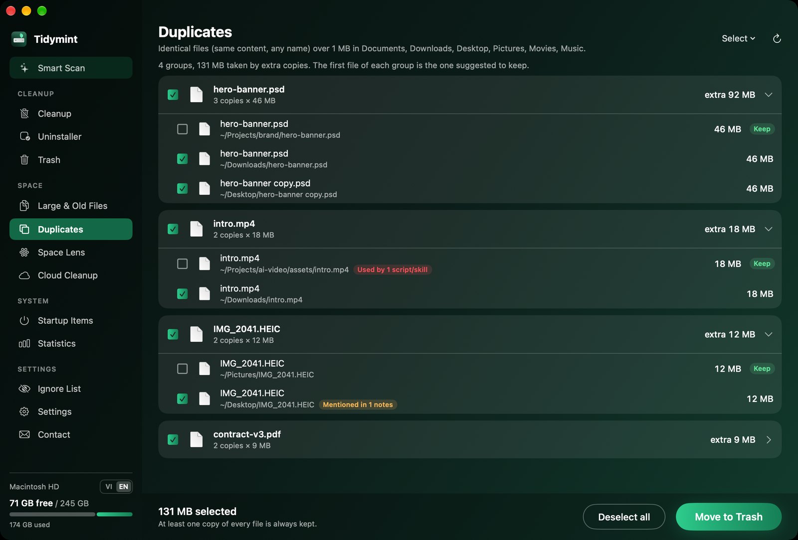 Duplicate files grouped, with Keep labels